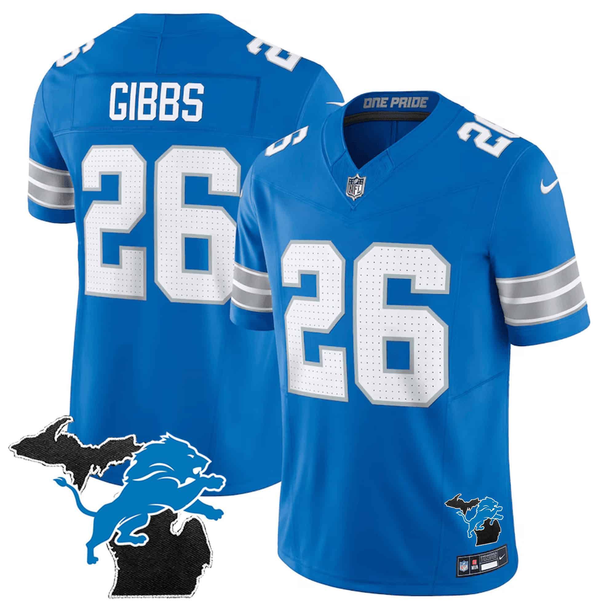 Men Detroit Lions #26 Gibb Blue 2024 Nike Michigan Patch Vapor Limited NFL Jersey